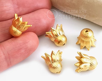 Gold Bead End Caps, Flower Cone Bead Cap, 22k Gold Plated Tassel Caps, 1 pc