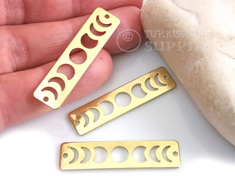 Brass Rectangle Moon Phases Charm, Moon Phases Pendant, Brass Rectangle Connector Pendant, Raw Brass Earring Findings, 10Pc