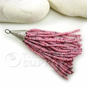 Pompons roses en perles Matrix, rocailles roses, breloques franges afghanes, pendentif pampilles en argent, pampilles en perles Heishi, boucles d&#39;oreilles pompons