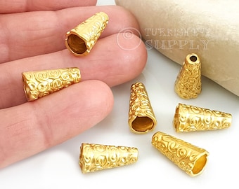 Tapas de cono doradas, tapas de cuentas chapadas en oro de 22 k, tapas de extremo de cuentas, tapa de borla dorada, 2 piezas