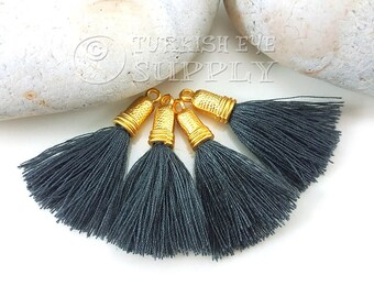 Dark Gray Tassel, Mini Cotton Thread Tassel, 22k Gold Plated Cap, Tassel Earring, Tassel Bracelet, Tassel Findings, Tassel Necklace, 4pc