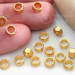 Gold Hoop Beads, Gold Hexagon Spacer Beads, Large Hole Beads, Gold Bolt Nut Beads, 20 pc