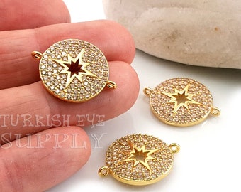 Pave North Star Connector, Gold North Star Charm, Gold CZ North Star Connector, North Star Bracelet, Constellation Charm, 1 pc