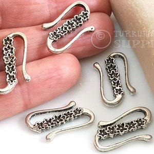 Silver S Hook Clasps, Silver Hook Clasps, Bracelet Clasp Findings, Flower Patterned S Clasp, Silver Plated Necklace Connectors, 5Pc