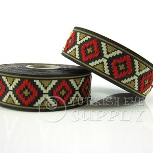 Turkish Kilim Motive Woven Border, Embroidered Ribbon, Sewing Trim, Red, Beige ,White Jacquard Ribbon, Ethnic Ribbon, Jacquard Trim, 1m