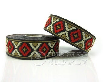 Turkish Kilim Motive Woven Border, Embroidered Ribbon, Sewing Trim, Red, Beige ,White Jacquard Ribbon, Ethnic Ribbon, Jacquard Trim, 1m
