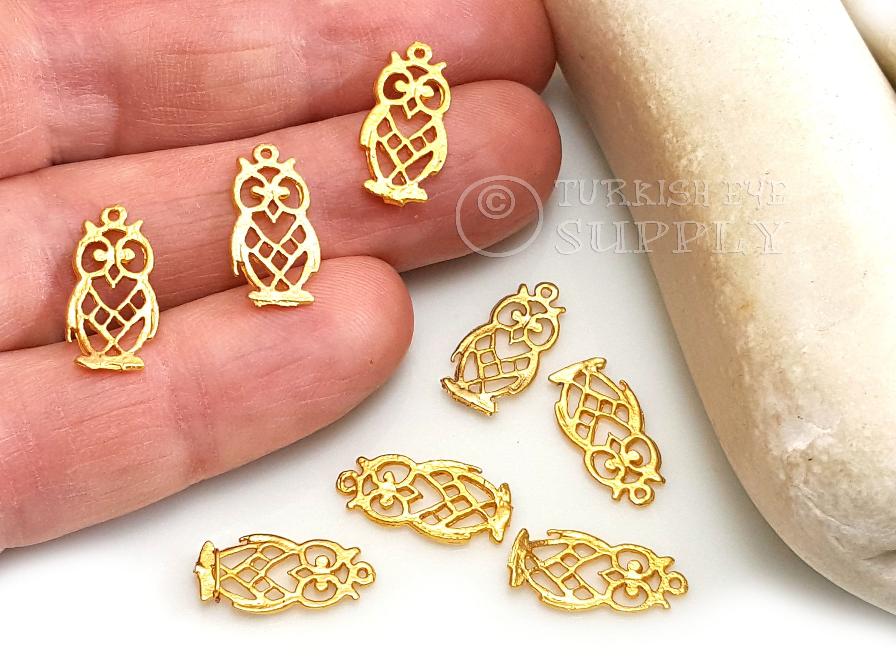 Dainty Gold Owl Charms, Mini Owl Charms, Fretwork Owl Charms, 22k Gold Plated Owl, Tiny Owl Charms, 