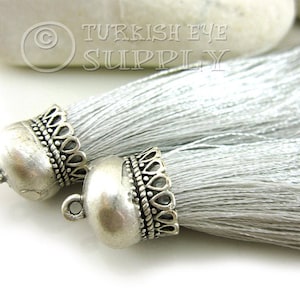 Gray Tassel Pendant, Handmade Silk Thread Tassel, Silver Tassel Necklace, Tassel Charms, Tassel Earring Findings, Tassel Jewelry, 1Pc