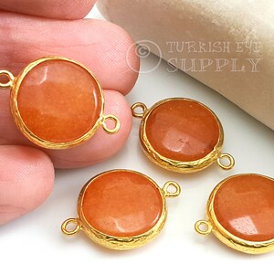 Orange Gemstone Connector, Gemstone Bracelet Findings, Gemstone Pendant, Hammered Gold Bezel Connector, 16mm Round Jade Connector