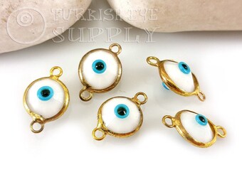 White Evil Eye Connector, Evil Eye Bracelet Charm, Evil Eye Charm, Evil Eye Findings, Gold Evil Eye, Handmade Turkish Evil Eye, 5pc
