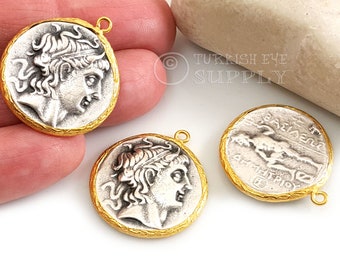 Ancient Greek Coin, Alexander Coin Charm, Poseidon Coin Pendant, Silver Medallion Pendant, 1 Pc