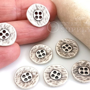 Silver Round Buttons, Silver Button Charms, Antique Silver Plated Jewelry, Metal Button Findings, Jewelry Supplies, Sew On Button, 15Pc
