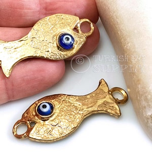 Pendentif Poisson En Labradorite Naturelle Plaqué Or - Breloque œil CZ, Chance, Bijou Fait Main