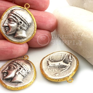 Ancient Greek Coin, Greek Medallion Pendant, Gold Plated Bezel, Large Coin, Silver Coin Pendant, Silver Medallion, Medallion Necklace, 1 pc