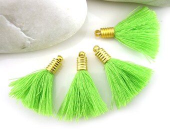 Lime Green Mini Cotton Thread Tassel, Gold Plated Cap, Cotton Tassel, Tassel Earring, Tassel Bracelet, Tassel Findings, Tassel Necklace, 4pc