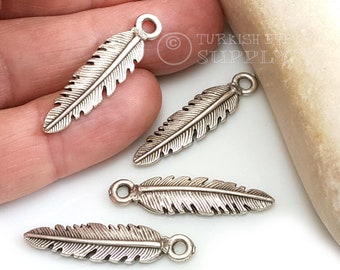 Silver Feather Charms, Silver Feather Pendant, Leaf Charms, Leaf Pendant, Antique Silver Plated, Feather Findings, Silver Jewelry, 5Pc