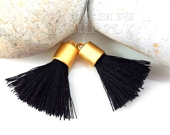 Black Tassels, 22k Gold Plated Cap, Mini Cotton Tassels, Bracelet Tassels, Earring Tassel, Gold Tassel, Necklace Tassel, 2pc