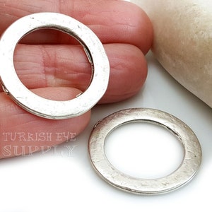 Silver Ring Charms, Rustic Textured Circle Pendant, Flat Loop Connector Charms, Silver Hoop Pendant, Silver Plated Jewelry Components, 4pc