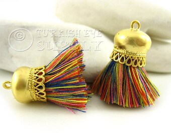 Multicolor Tassel Charm, Short Cotton Tassel, Thread Tassel, 22k Gold Plated Cap, Tassel Bracelet, Tassel Necklace Jewelry, 2pc