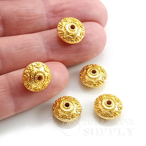Shiny Patterned Saucer Spacer Beads, 24k Gold Plated Zinc Alloy, 5x11mm, 4 Pieces