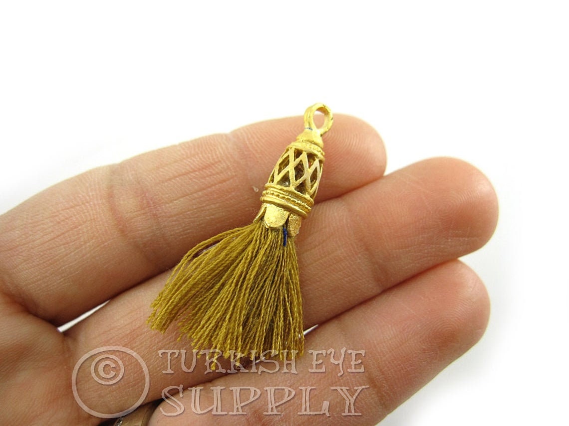 Hobby & Craft :: Sewing & Decoration :: Tassels :: 6pcs Cream Beige Cotton  Tassels Statement With Gold Cap Tassel For Jewelry Making Earrings 32mm