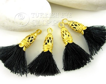 Black Tassel, Mini Cotton Tassel, Gold Cap Tassel Jewelry, Tassel Charm, Tassel Earring, Tassel Findings, Tassel Necklace, 4 pc