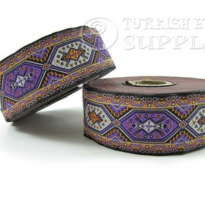 Jacquard Ribbon, Oriental Motive Ribbon, Ethnic Ribbon, Woven Border,  Purple And Orange, Jacquard Trim  Embroidered Ribbon, Sewing Trim, 1m