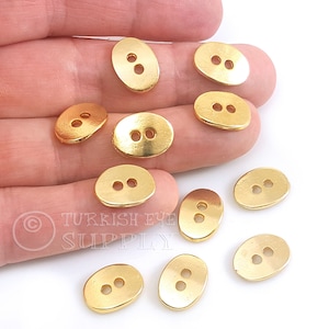 Gold Button Charms, 24k Shiny Gold Plated Oval Buttons, Metal Button Findings, Turkish Jewelry Supplies, 10Pc