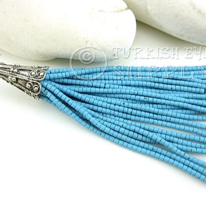 Sky Blue Beaded Tassel, Afghan Beaded Tassel, Silver Plated Cap, Tibetan Beaded Tassel, Heishi Beaded Tassel, Earring Tassel Pendant