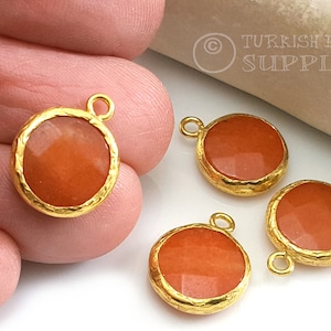 Dark Orange Jade Gemstone Pendant, 22k Gold Plated Hammered Bezel, 14mm Round Faceted Gemstone Pendant, Gemstone Earring Pendant