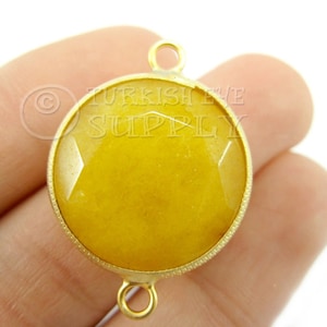 Ochre Gemstone Connector, Gemstone Bracelet Findings, Faceted Gemstone Pendant, Gold Bezel Connector, 22mm Round Jade Connector