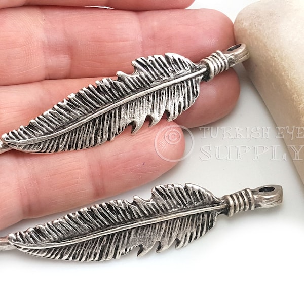 Silver Feather Connector, Antique Silver Plated Large Feather Connector, Bracelet Findings, Feather Charms, 2pc