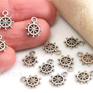 Tiny Wheel Charms, Mini Ship Wheel, Silver Ships Wheel, Nautical Charms, Bracelet Charms, Antique Silver Plated, Bracelet Findings,  25 pc