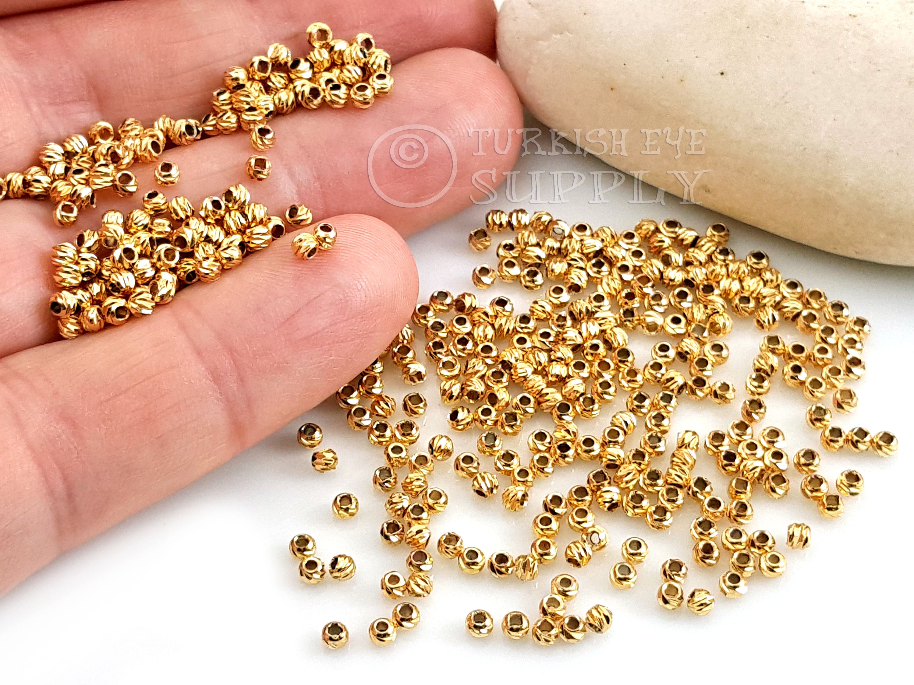 Gold Ball Spacer Beads, 2mm Laser Cut Gold Ball Beads, Textured Shiny Gold Bead Findings