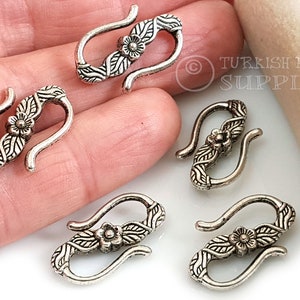 Silver Hook Clasps, S Hook Clasps, Bracelet Clasps Findings, Flower Patterned Clasp, Silver Plated Necklace Connectors, 5Pc