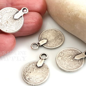 Silver Coin Charms, Silver Plated, Ottoman Coin Replica Charms, Rustic Coins, Silver Coin Pendants, Coin Findings, Turkish Jewelry, 10 Pc