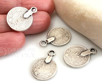 Silver Coin Charms, Silver Plated, Ottoman Coin Replica Charms, Rustic Coins, Silver Coin Pendants, Coin Findings, Turkish Jewelry, 10 Pc