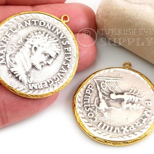 Ancient Greek Coin, Greek Silver Medallion Pendant, Gold Plated Bezel, Rustic Silver Coin Pendant, 1 Pc