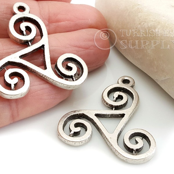 Silver Triskelion Charms, Spiral Triangle Pendant, Tribal Swirl Charm, Triple Swirl Charm, Turkish Jewelry Supplies, Ethnic Jewelry, 2 Pc