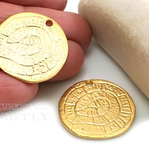 Greek Phaistos Disc Charm, Rustic Greek Coin Pendant, Gold Medallion, Medallion Necklace, Ancient Greek Coin, Large Gold Coin Pendant, 1 pc
