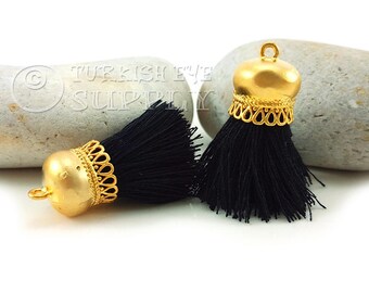 Black Tassel Charm, Short Cotton Tassel, Thread Tassel, 22k Gold Plated Cap, Tassel Bracelet, Tassel Necklace Jewelry, 2pc