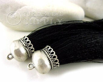 Black Silk Tassel Pendant, Handmade Silk Thread Tassel, Silver Tassel Necklace, Tassel Charms, Tassel Earring Findings, Tassel Jewelry, 1pc