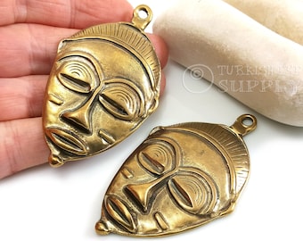 Bronze African Mask Pendant, Large Bronze Tribal Mask Pendant, Ethnic Jewelry Supplies, Tribal Pendant, Bronze Jewelry, 1 pc