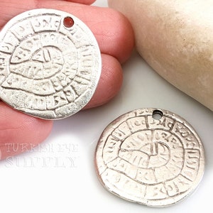 Fascino del disco di Festo greco, ciondolo moneta greca rustica, ciondolo collana medaglione d'argento, moneta greca antica, grande ciondolo moneta d'argento, 1 pc