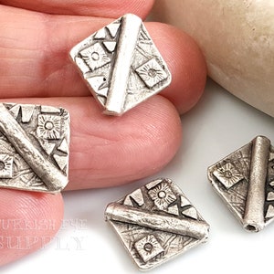 Silver Square Spacer Beads, Tribal Bead Spacers, Silver Bracelet Beads, Silver Slide Bead, Tribal Findings, Jewelry Components, 6 pc