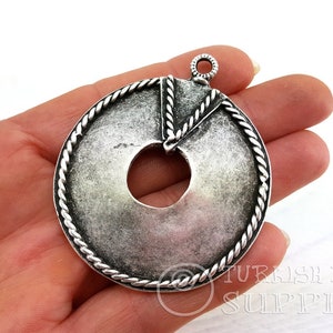 Silver Round Pendant, Large Tribal Pendant, Antique Silver Plated, Ethnic Pendant, Turkish Jewelry, Silver Jewelry, Jewelry Component, 1Pc