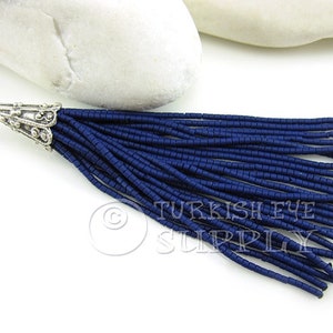 Dark Blue Beaded Tassel, Afghan Beaded Tassel, Silver Plated Cap, Tibetan Beaded Tassel, Heishi Beaded Tassel, Earring Tassel Pendant