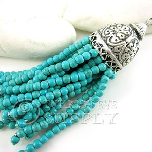 Turquoise Beaded Tassel, Large Silver Tassel Pendant, Antique Silver Plated, Rustic Oriental Cap, Tassel Necklace, Tassel Jewelry