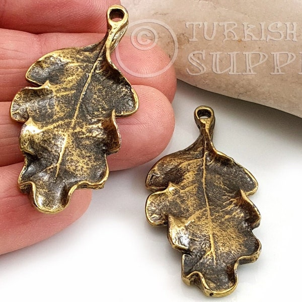 Bronze Leaf Pendant, Large Oak Leaf Pendant, Bronze Leaf Charm, Leaf Necklace Pendant, Turkish Jewelry, Necklace Findings, Rustic Jewelry