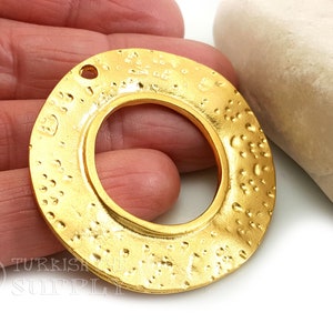 Large Circle Pendant, Gold Tribal Pendant, Hammered Gold Hoop Pendant, Flat Circle Pendant, Hammered Jewelry, 1pc
